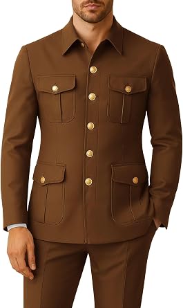 Mens 2 Piece Safri Suits for Men Regular Fit Stand Collar Suit Men Multi Pocket Blazer Chinese Tunic Wedding Set