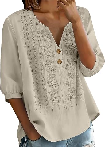 Bohemian Tops for Women 3/4 Sleeve Cotton Linen Shirts Casual Summer 2026 Trendy Embroidered V Neck Button Up Shirt