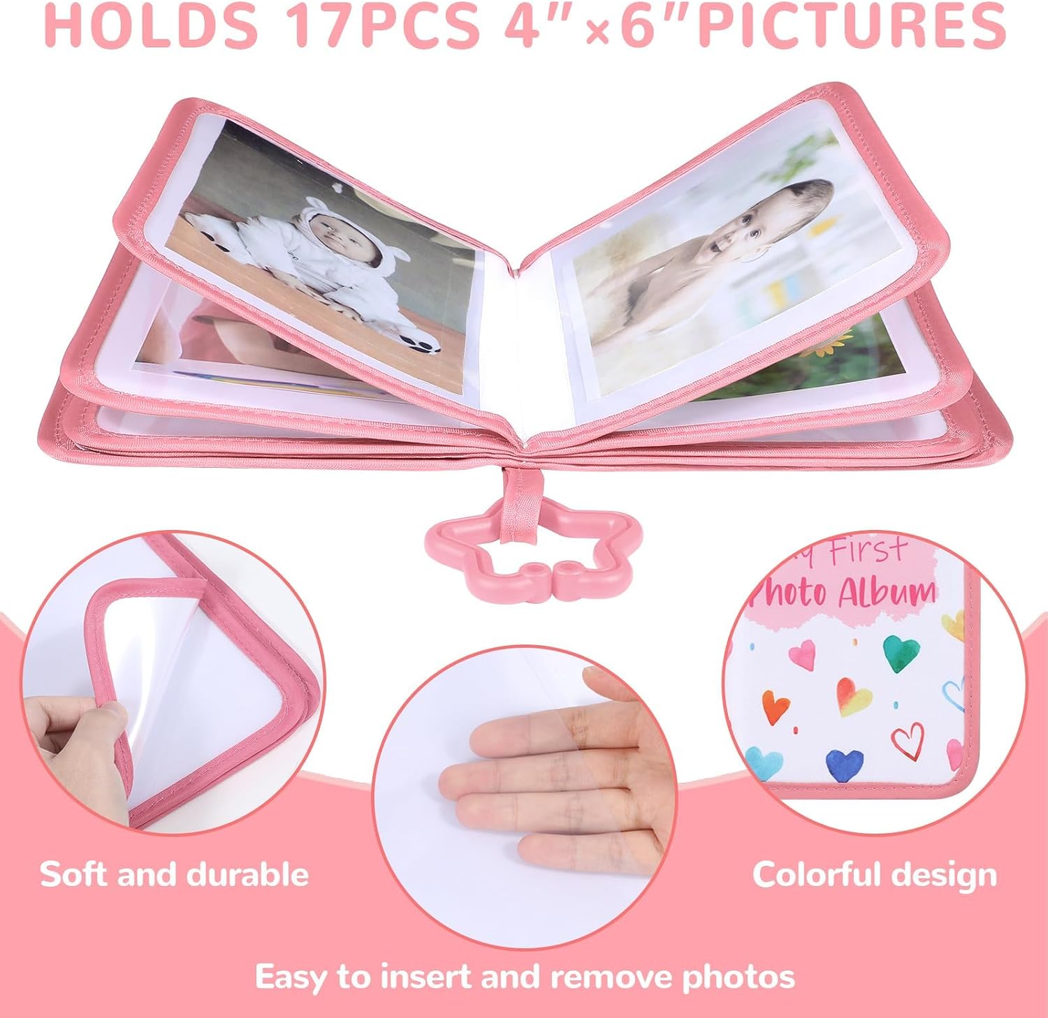 Baby's My First Family Album Soft Photo Cloth Book Pink Heart My First Book of Photos Baby Memory Album Gift Holds 4x6 Pictures for Babies Newborn Toddler & Kids Baby Shower