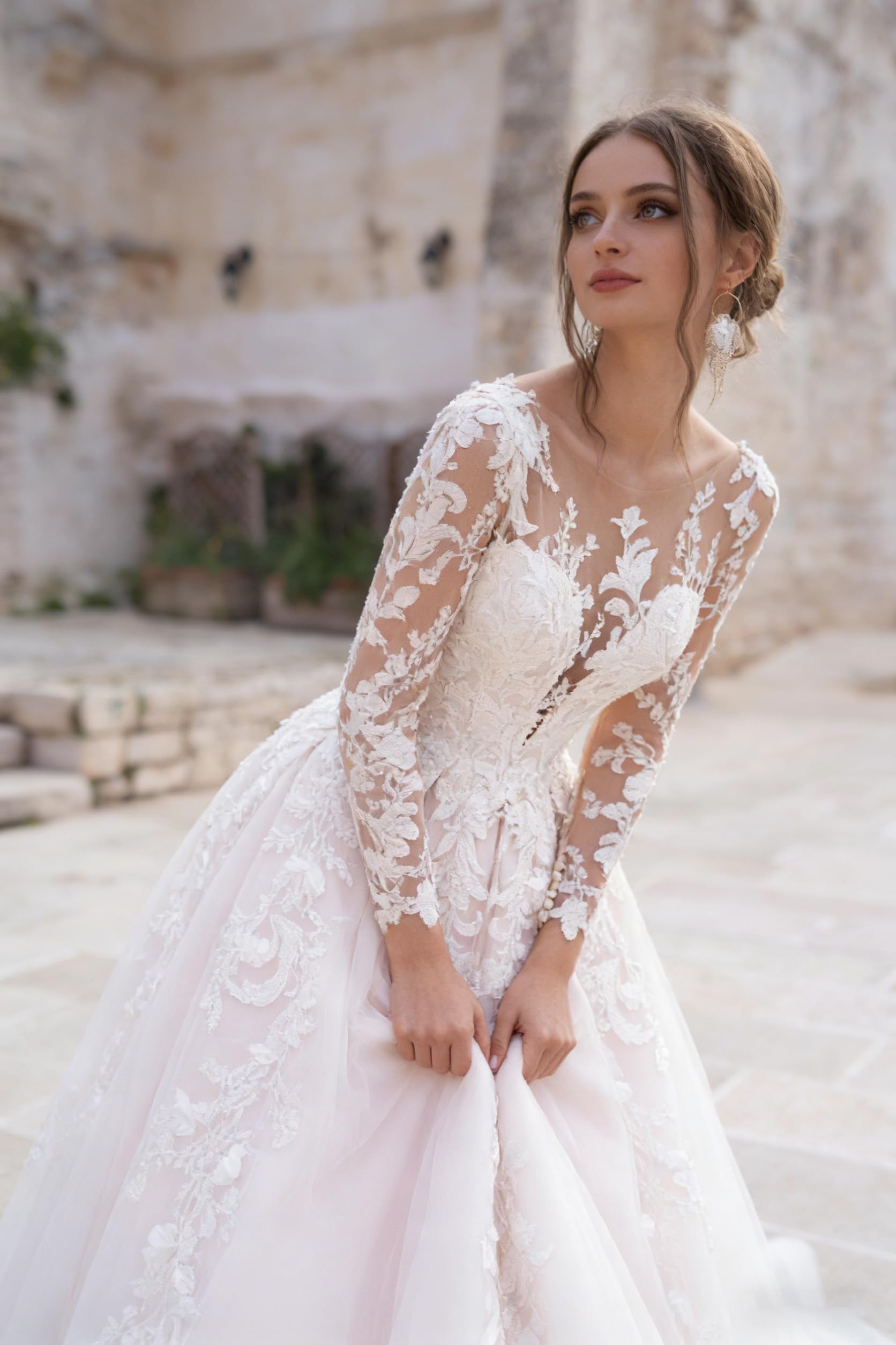 Spitzenapplikationen Brautkleider A-Linie Standesamt Lange Ärmel Brautkleid Hochzeitskleid Für Die Braut Mit Zug