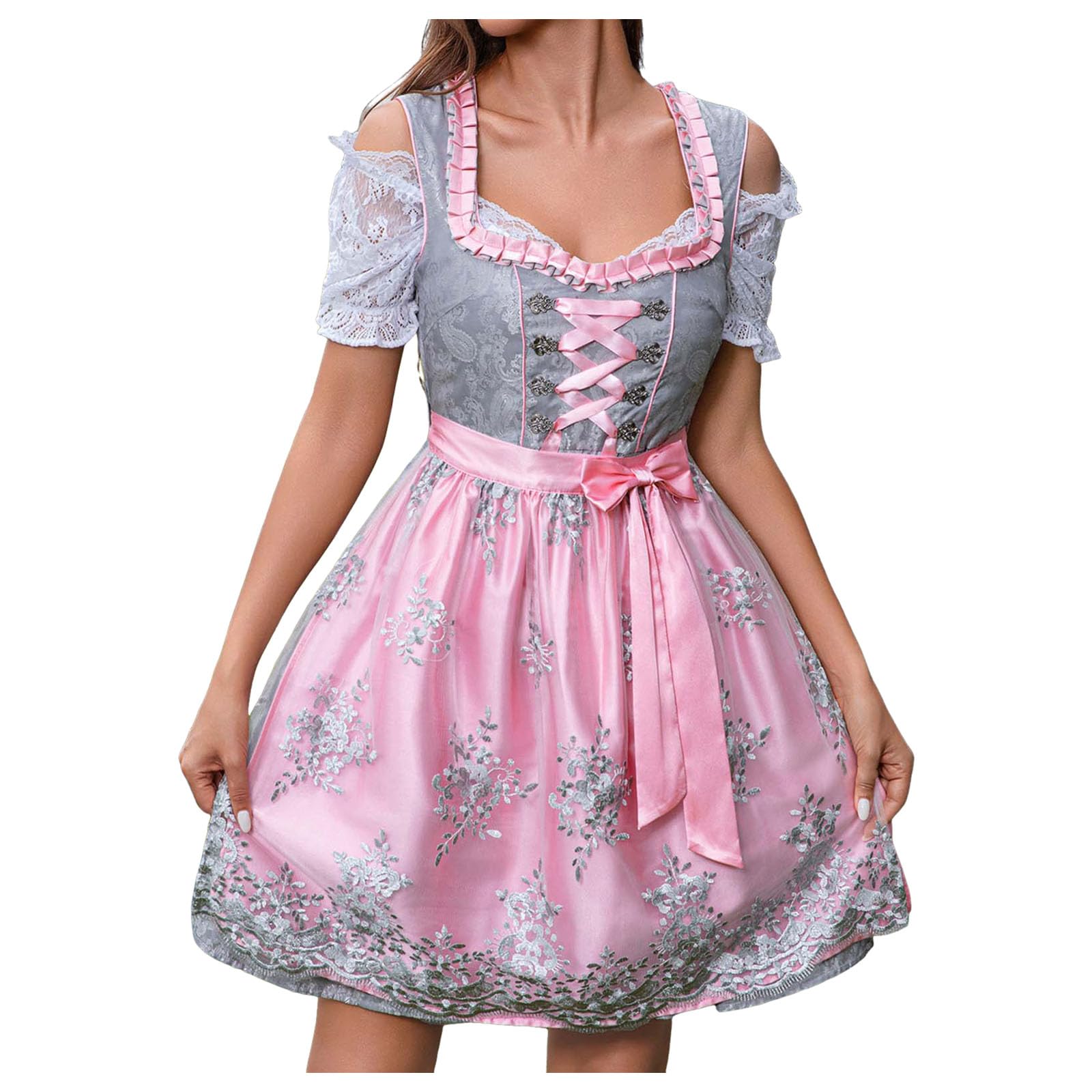 Generisch Damen Dirndl Midi Trachtenkleid 3 Teilig Komplettset mit Dirndlbluse Dirndlschürze Spitze klassisch elegant Baumwolle passend für Oktoberfest Karneval Volksfeste Größe 34 bis 54