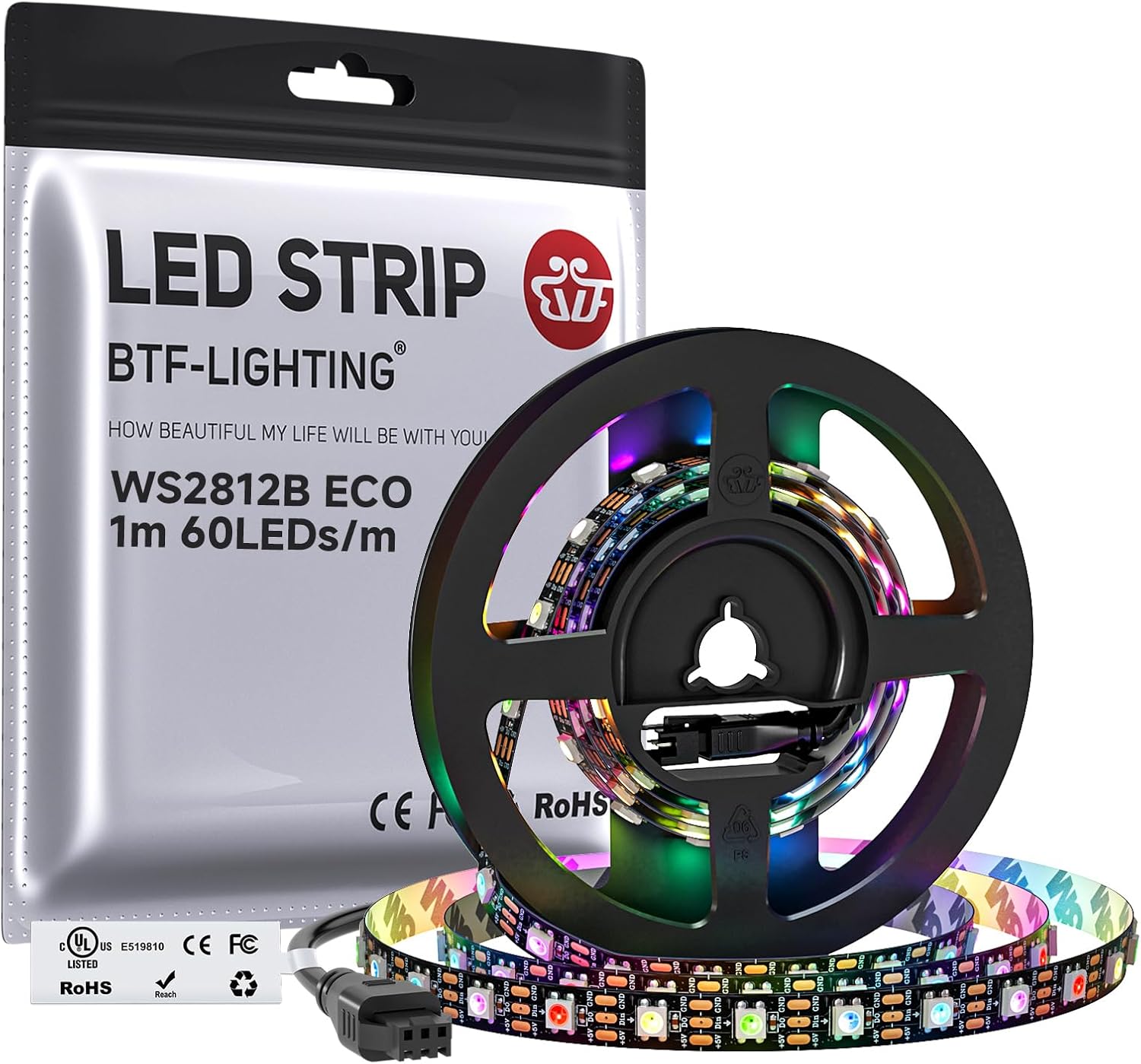 BTF-LIGHTING WS2812B ECO RGB LED Strip,UL Listed,Individually Addressable,3.28FT 60LED/m 60Pixel DC5V 5050SMD,Alloy Wire Flexible 3M Tape for DIY Chasing Color Project IP30(No Adapter or Controller)