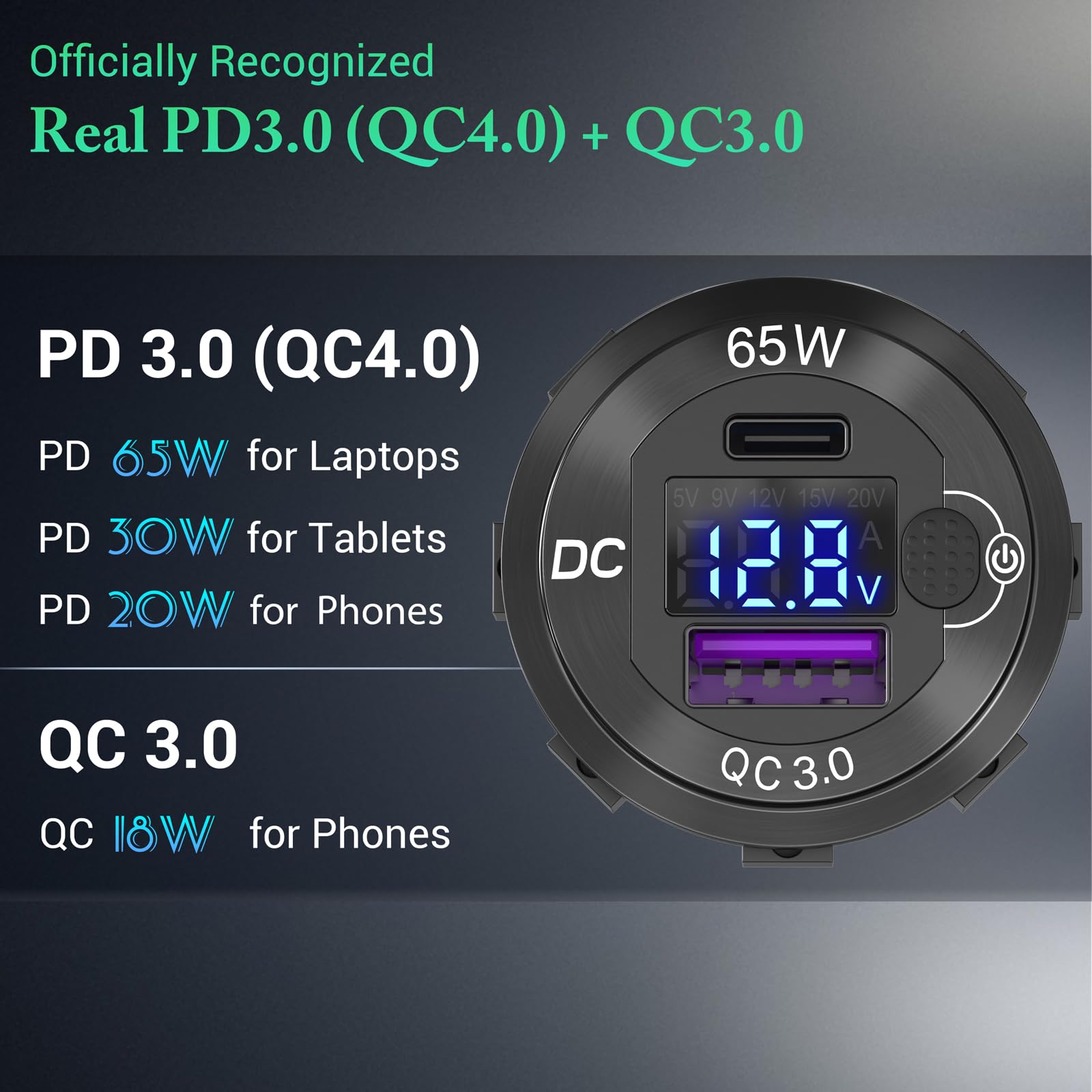 Cargador de Coche USB C Integrado de 83 W y 12 voltios: Ouffun 65 W PD3.0 y 18 W QC3.0 con Puerto USB para Coche, Enchufe de Aluminio con Interruptor de botón, voltímetro Inteligente, Adecuado para