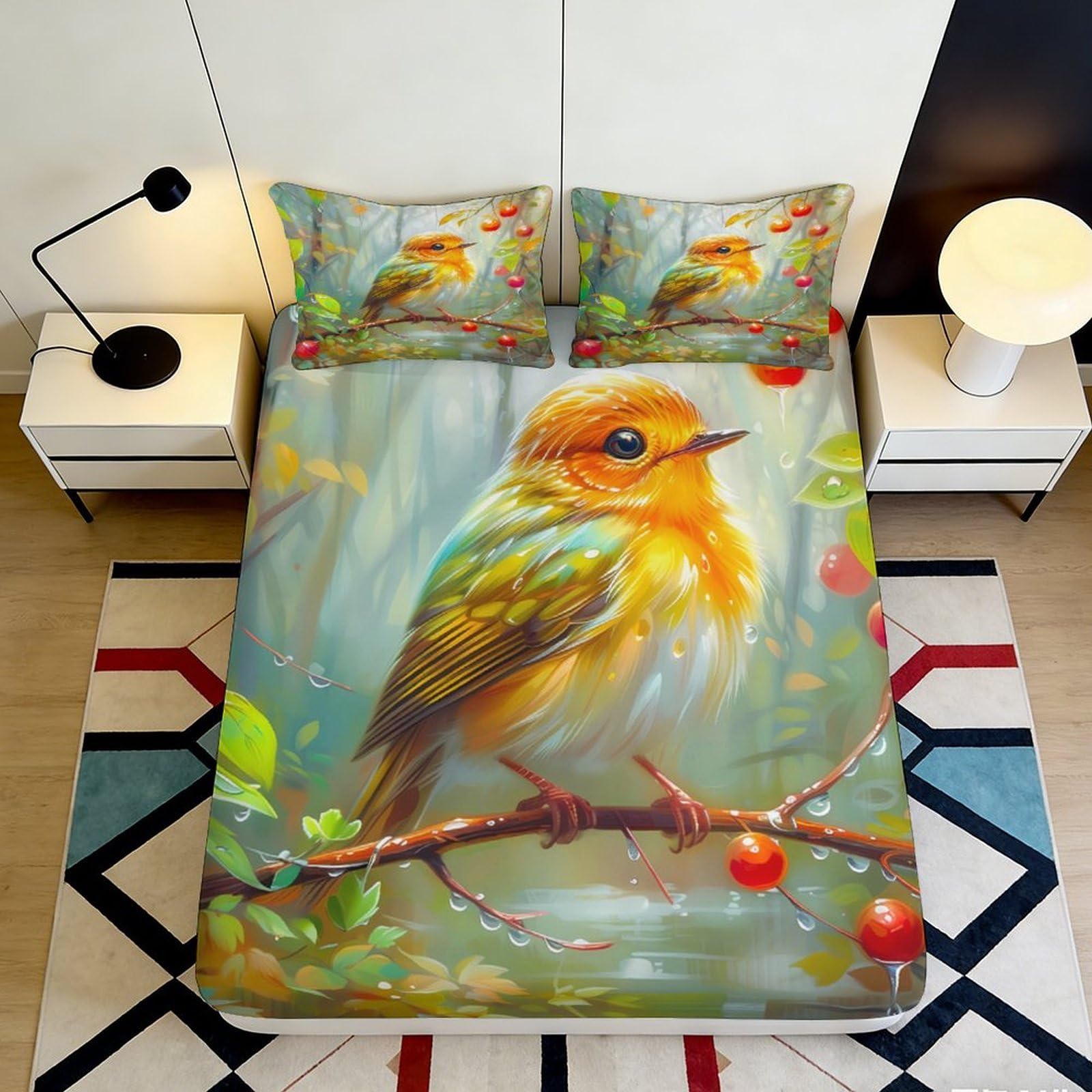 Pnayamiorkfel Style-4 3D Printed Watercolor Bird Fitted Sheet Microfiber Soft Anti-Slip Mattress Cover For Bedroom Guest Room Decor 90X200x25cm