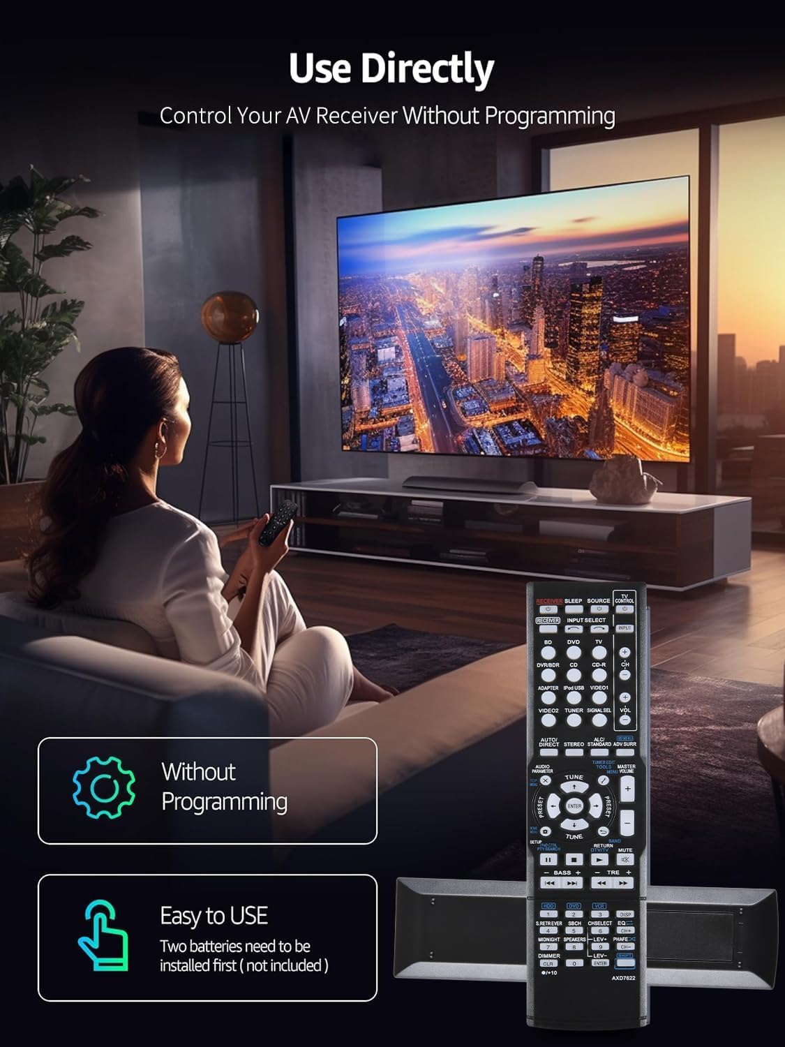 A person comfortably using the remote control to operate a television and sound system.