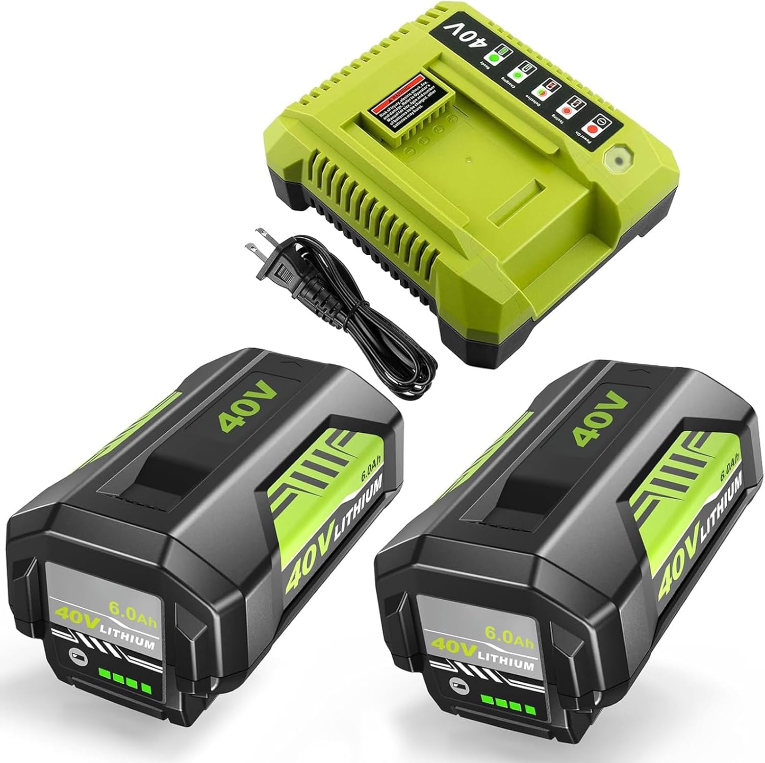 2Pack Upgraded to 6000mAh Replacement for Ryobi 40V Battery and Charger OP401 Combo, Compatible with Ryobi 40Volt Battery Lithium ion OP40261 OP40404 OP4050A OP40602 OP4075A Cordless Tools