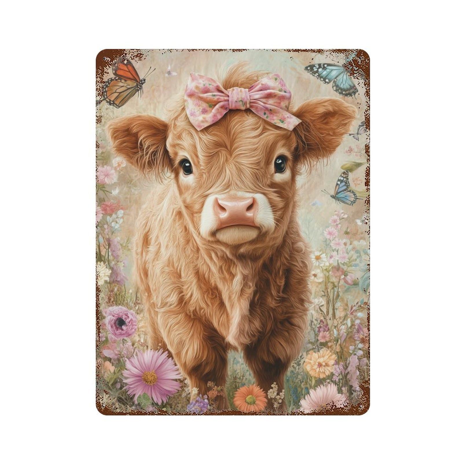 Cute Cow with Bow in Garden Retro Metal Sign 15.7"x11.8", Novelty Wall Decor for Farmhouse, Kitchen And Entryway Decor