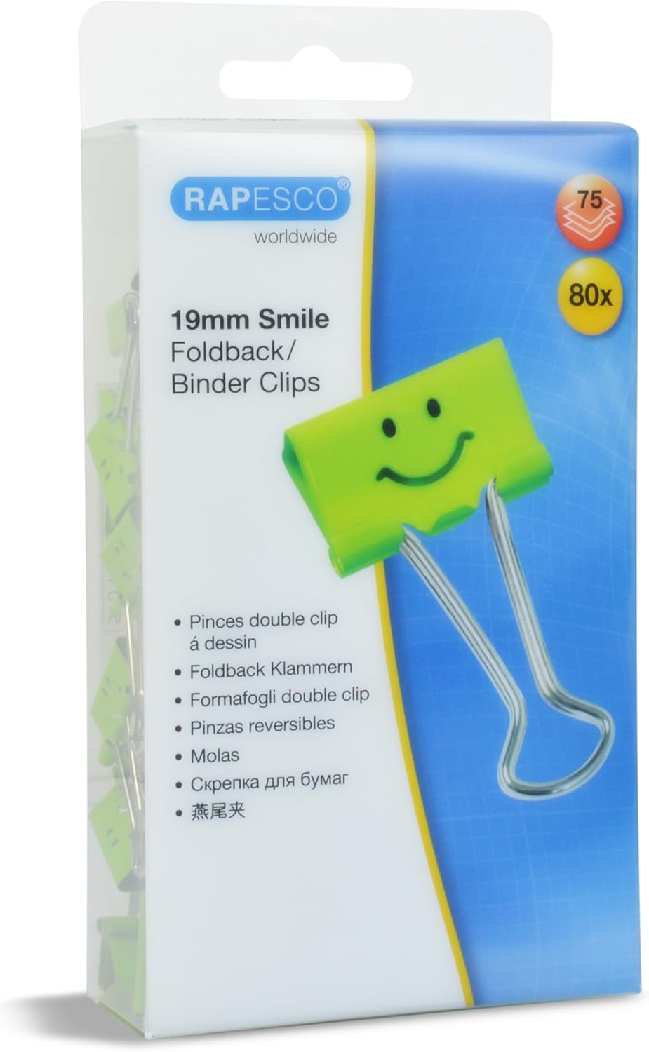 Rapesco 1423 19 mm Smiles Foldback Clips, Green, Pack of 80