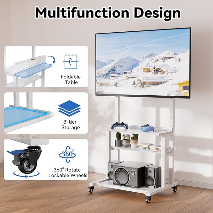 Soporte para TV rodante blanco con estantes, hasta 75 pulg miniatura 2