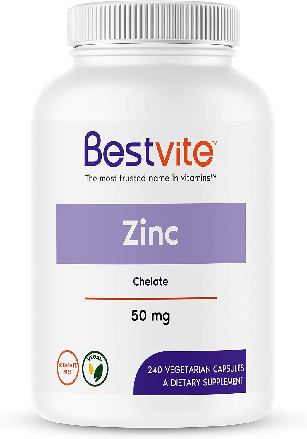BESTVITE Zinc Chelate 50mg (240 Vegetarian Capsules) - No Stearates - No Dicalcium Phosphate - Vegan - Non GMO - Gluten Free