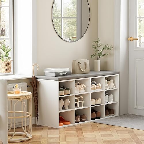 Miniatura 4 de Zapatero de 12 cubos con cojín, organizador de zapatos de madera de 3 niveles, banco organizador de zapatos multifuncional para entrada, vestíbulo,