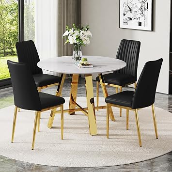 5 Piece Round Dining Table Set for 4,Modern White and Gold Dining Room Table and Chairs Set,42" Marble Tabletop with Upholstered Chairs,Luxury Kitchen Table Set for Small Spaces,Office,Apartment