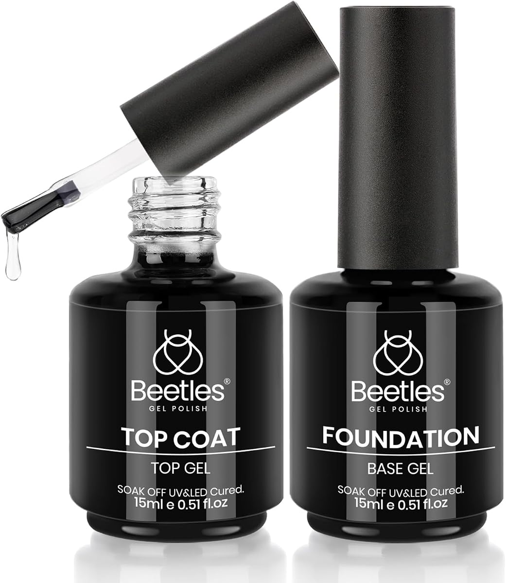 Beetles Gel Top Coat and Base Coat Set, 2 x 15ml, No Wipe Shine Finish | Glossy Top Coat and Smooth Base Coat For Gel Nail Polish, Long-Lasting Soak-Off Manicures And DIY Nail Art At Home