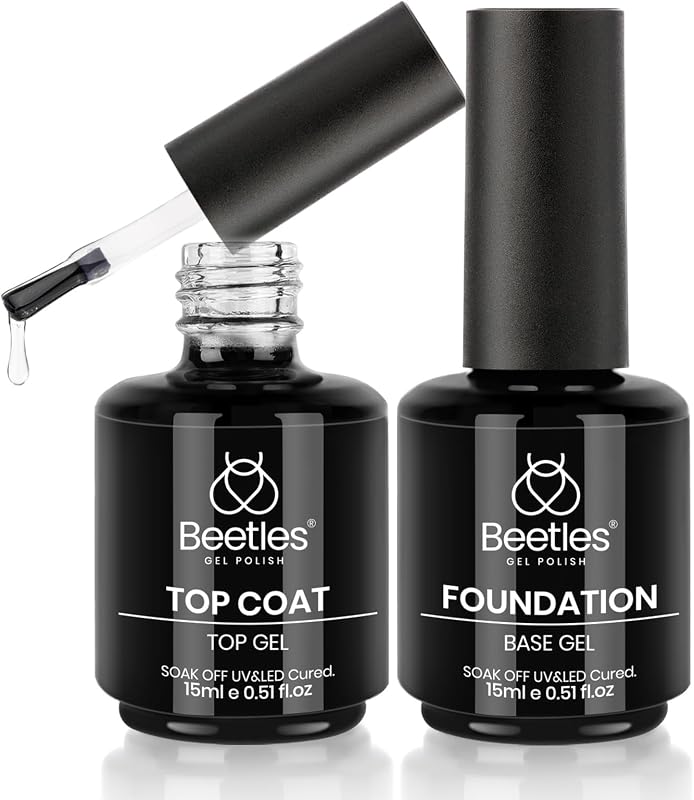 Beetles Gel Top Coat and Base Coat Set, 2 x 15ml, No Wipe Shine Finish | Glossy Top Coat and Smooth Base Coat For Gel Nail Polish, Long-Lasting Soak-Off Manicures And DIY Nail Art At Home