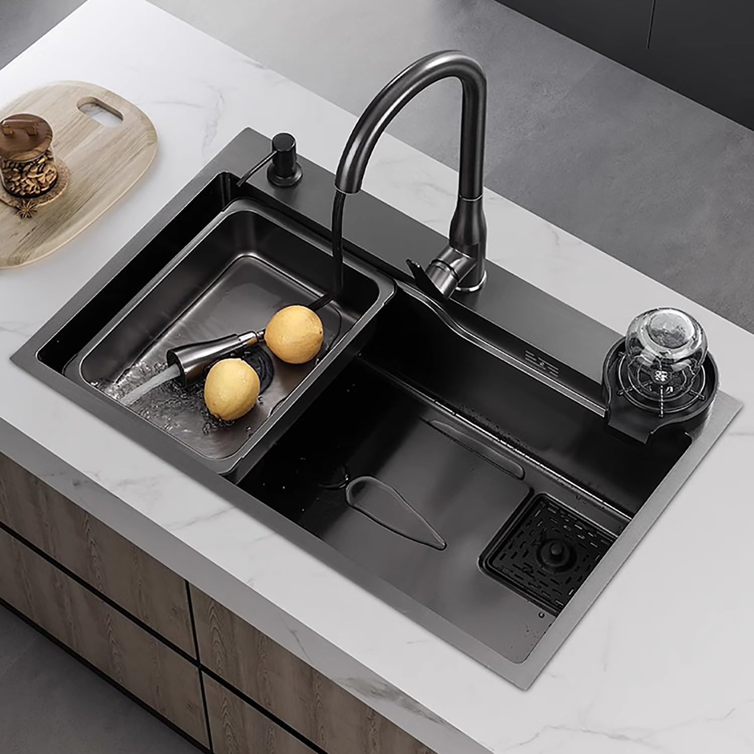 Lavello da cucina a 1 vasca, lavello da cucina in acciaio con rubinetto estraibile, lavaggio a pressione della tazza, for la casa, nero, acciaio inox nano (Size : 72 * 45)