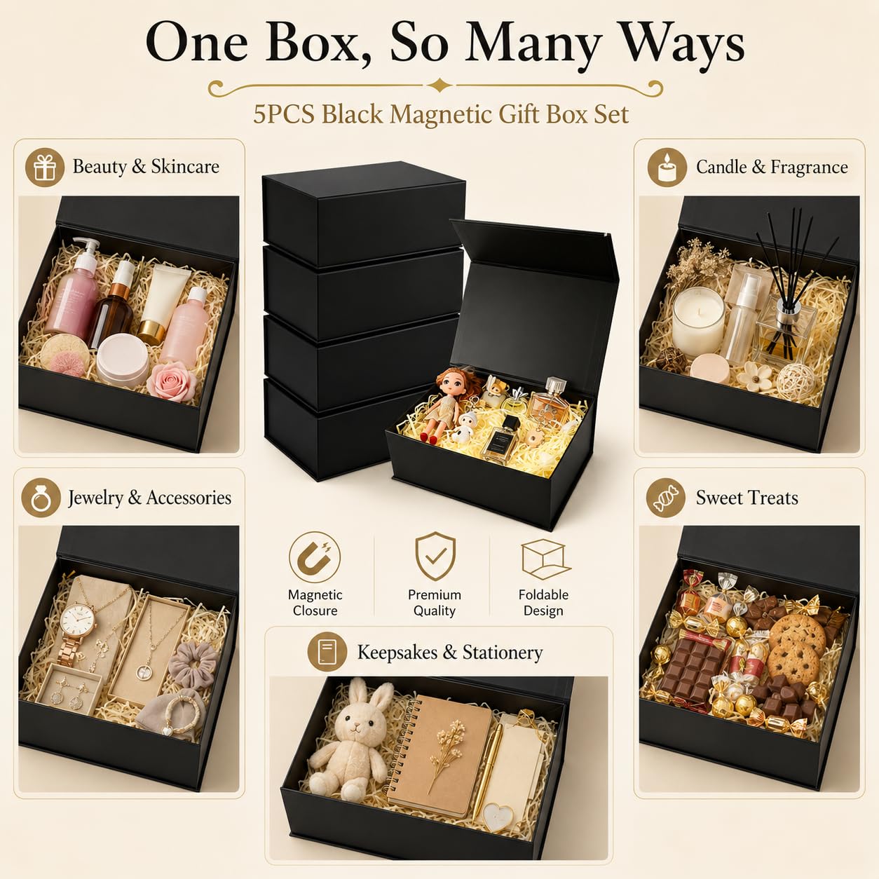 5 scatole regalo, scatole regalo nere magnetiche, scatole regalo nere per regali, coperchi con chiusura magnetica, confezione regalo per matrimoni, Natale, Halloween, regali di compleanno