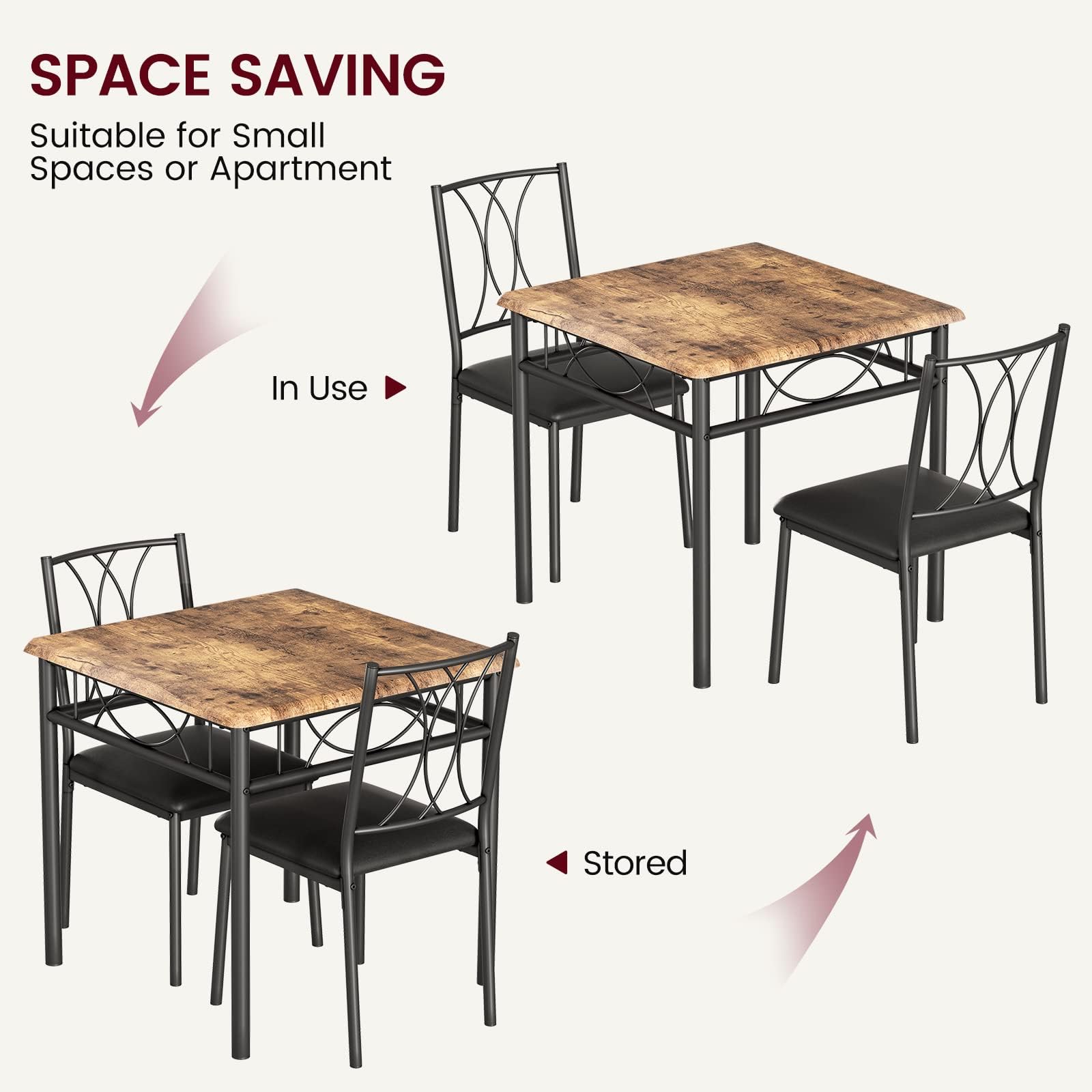 Tables de Salle à Manger pour 2, Table et chaises de Cuisine, Table de Salle à Manger carrée avec 2 chaises en métal et en Bois, pour Petits espaces, Appartement (Marron Rustique 2)