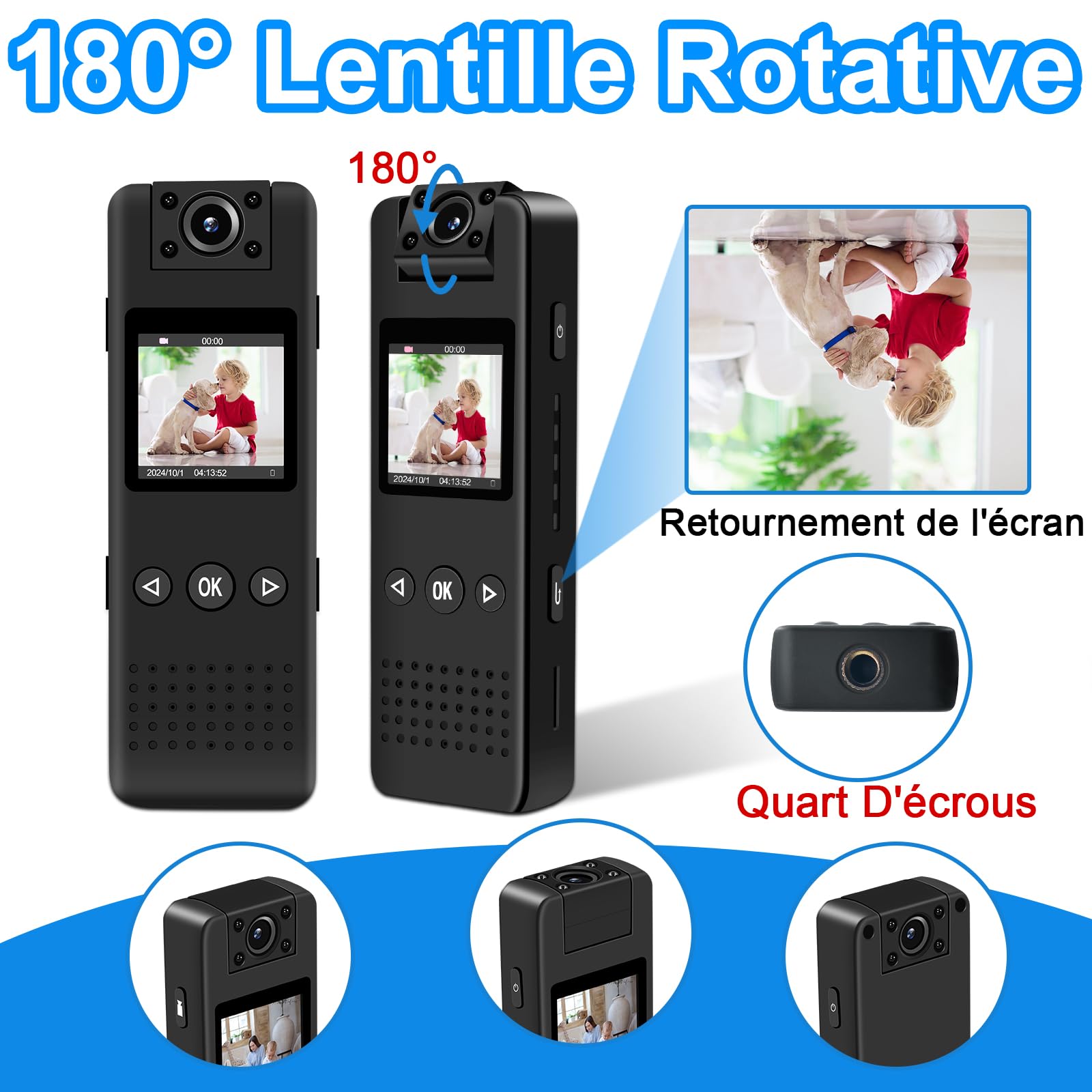 Mini Camera, 1080P HD & 120° Grand Angle Camera Pieton avec Objectif Rotatif 180°, Vision Nocturne Automatique & Détection de Mouvement Body Cam avec Enregistrement Vidéo et Audio
