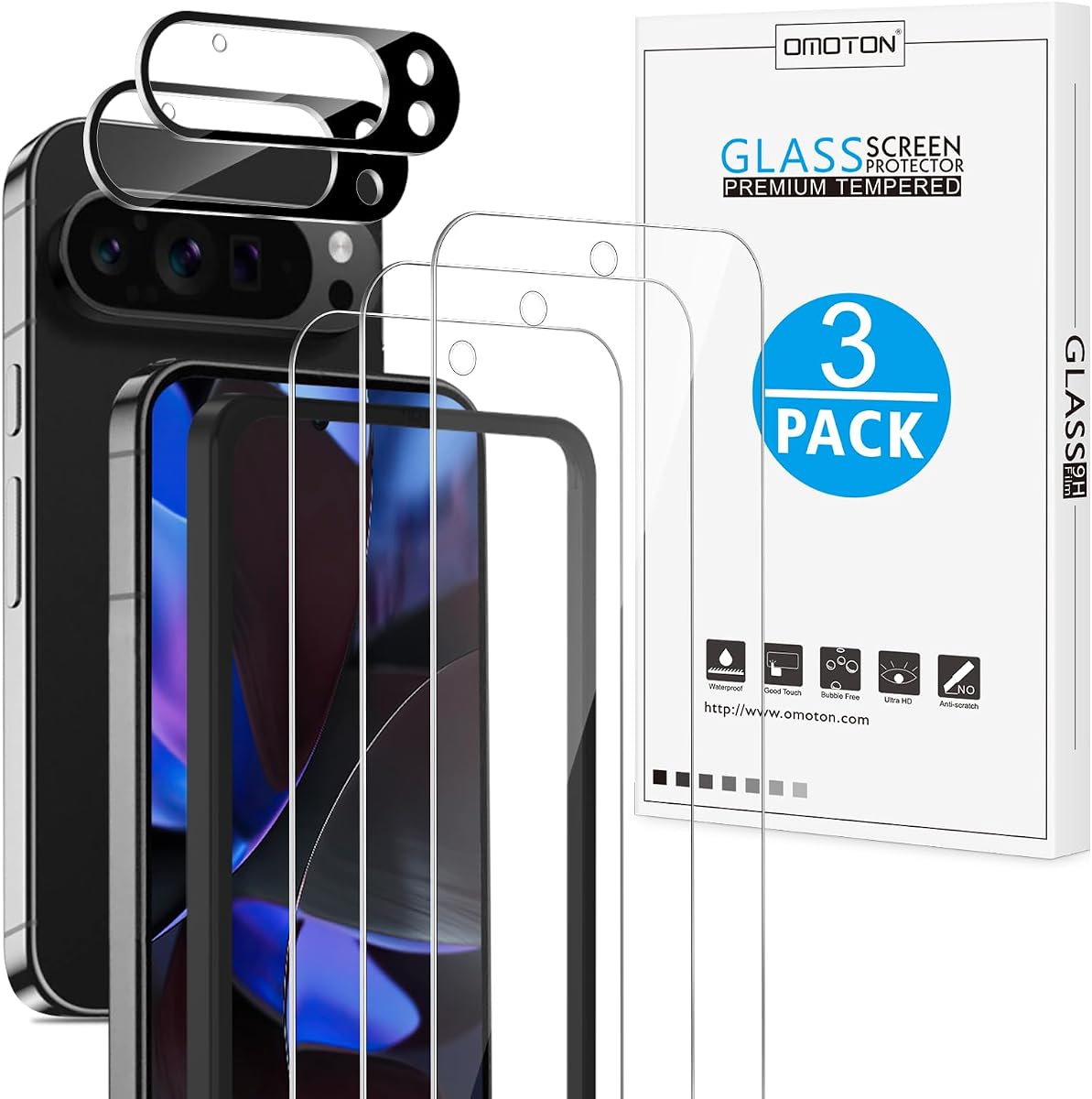 OMOTON 3+2 Pack for Google Pixel 9 Pro XL Screen Protector 6.8 Inch | 3 Tempered Glass Film & 2 Camera Lens Protector, Bubble-free, HD Clear, Not for 9 Pro/ 9