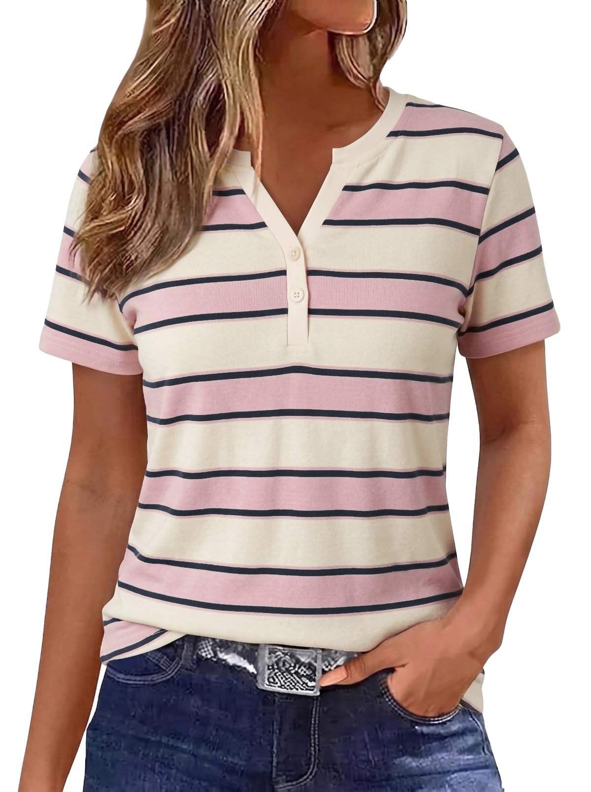 YUTILA Damen T-Shirt Gestreift Kurzarm V-Ausschnitt Baumwolle Henley Shirt | Basic, Lässige Streetwear, Weich, Hautfreundlich, Atmungsaktiv Oberteile