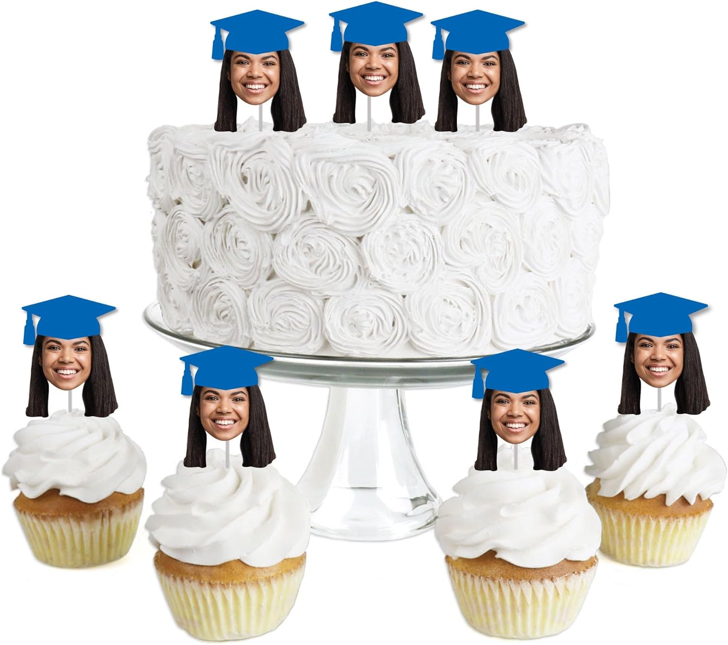 Big Dot of Happiness Blue Grad Cap Fun Face Treat Picks, Personalized Graduation Party Dessert Cupcake Toppers, Custom Photo Head Cut Out, Set of 24