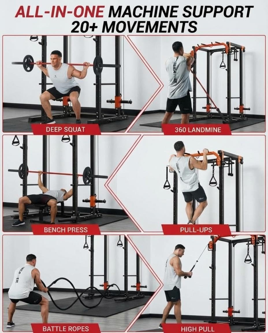 Power Cage with LAT Pulldown & Cable Crossover System, 2000LBS Multi-Functional Power Rack, All-in-1 Weight Cage Home Gym with Adjustable Pulley System, Squat Rack for Garage, Home
