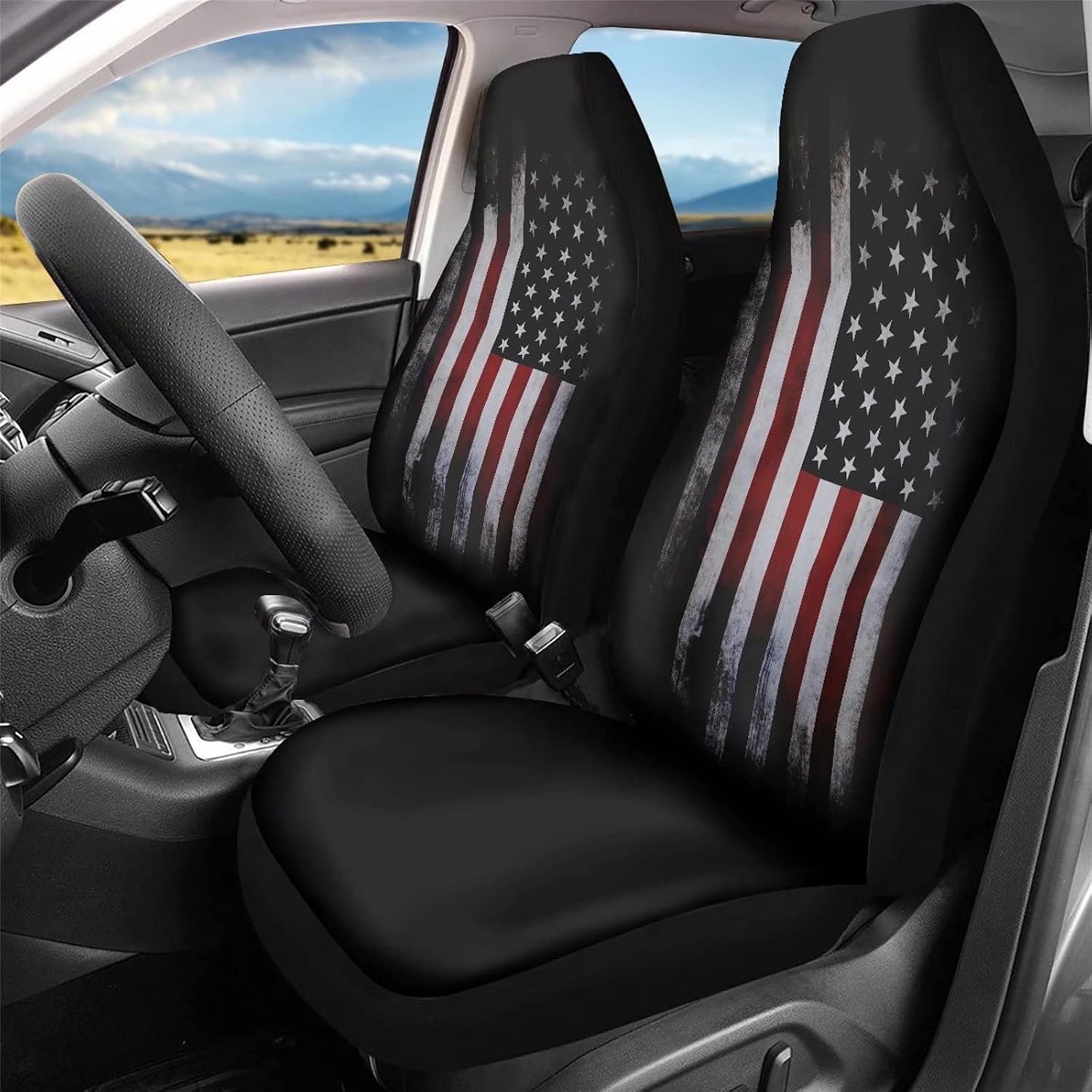 Xoenoiee Vintage American Flag Print Car Seat Covers for Dogs, Breathable Polyester Auto Seat Pads Cover Washable Car Seat Protector for Men, Set of 2 (Black)