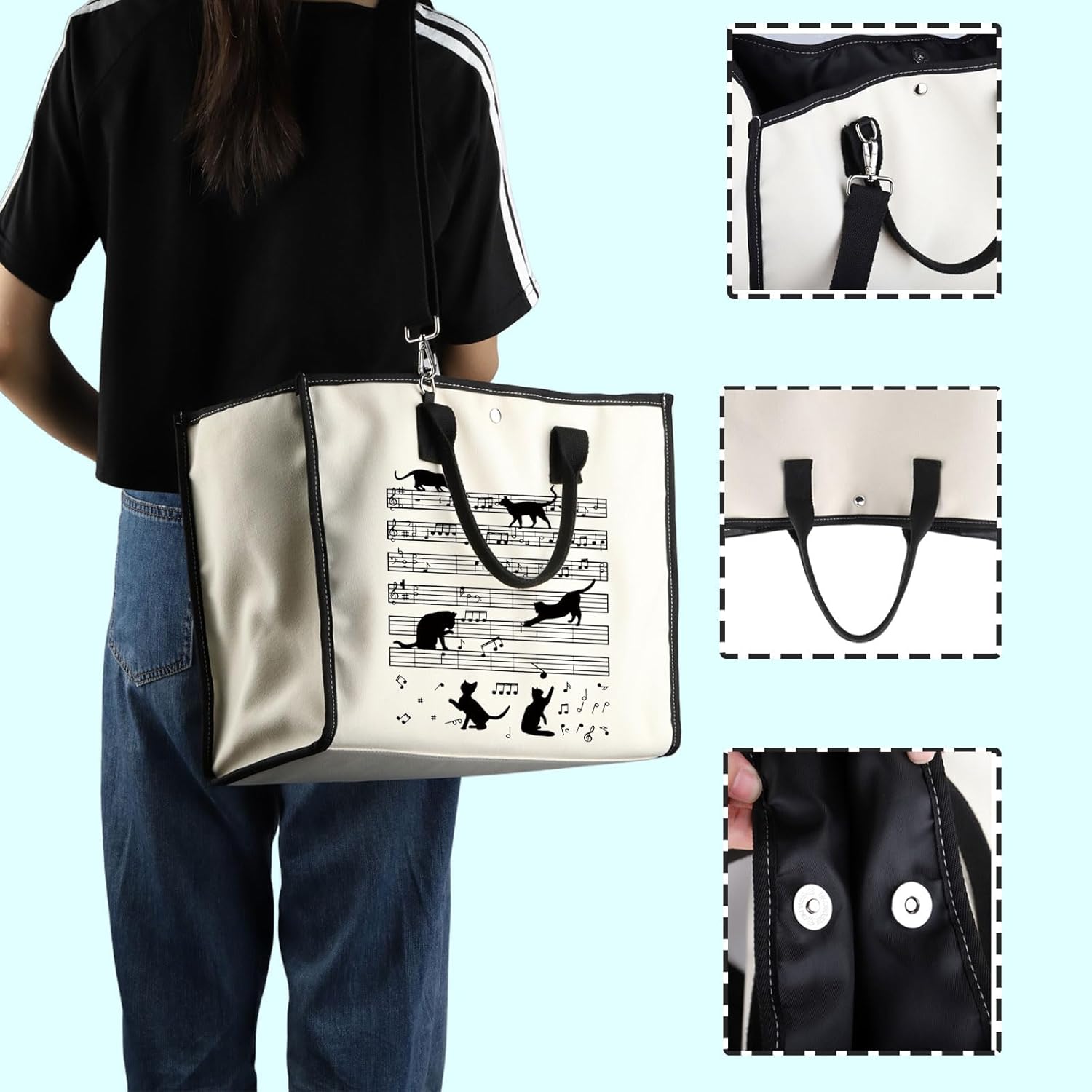 PWHAOO Music Note Tote Bag Funny Music Tote Bag Musician Gifts Music Lover Gift Cat Lover Gift