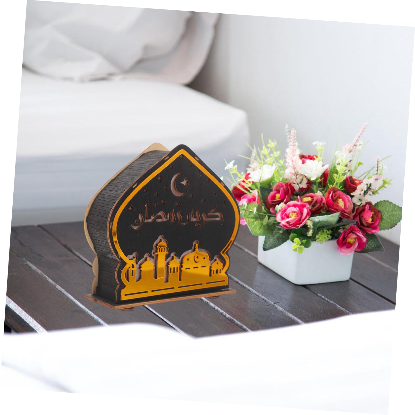 PRETYZOOM Ramadan Desktop Ornament Eid Mubarak Wood Ornament Led Night Light Decor Unique
