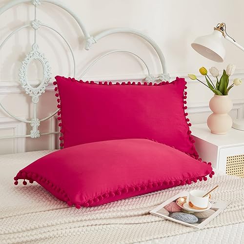 Juego de 2 fundas de almohada color magenta, 100% microfibra lavada, color burdeos, paquete de 2 fundas de almohada estándar (Queen, magenta)