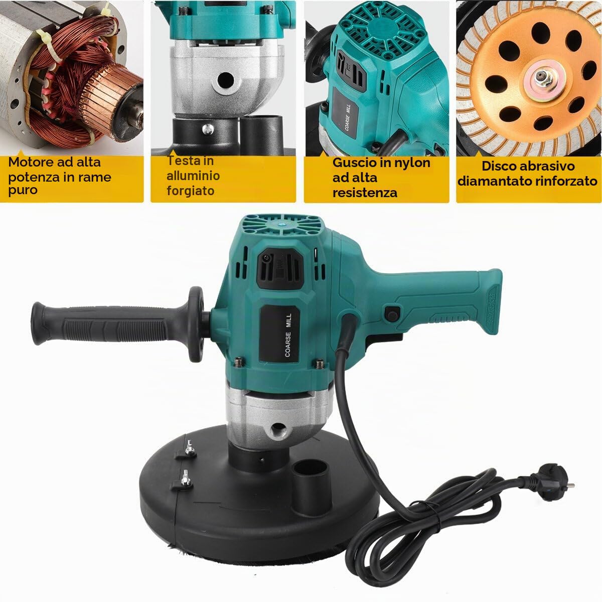 Smerigliatrice per cemento e calcestruzzo, 2600 W, 3000 giri/min, fresatrice e fresa per calcestruzzo, 180 mm, per lucidatura di pareti in cemento