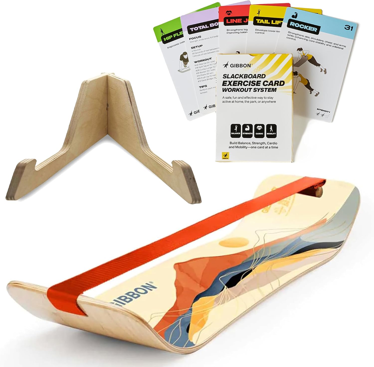 GIBBON SlackBoard Balance Board Bundle – Gift for Kids & Adults | Slackline Balance Trainer with Storage Stand and 52 Exercise Cards (6 Workout Programs) – 1 & 2 Line Options