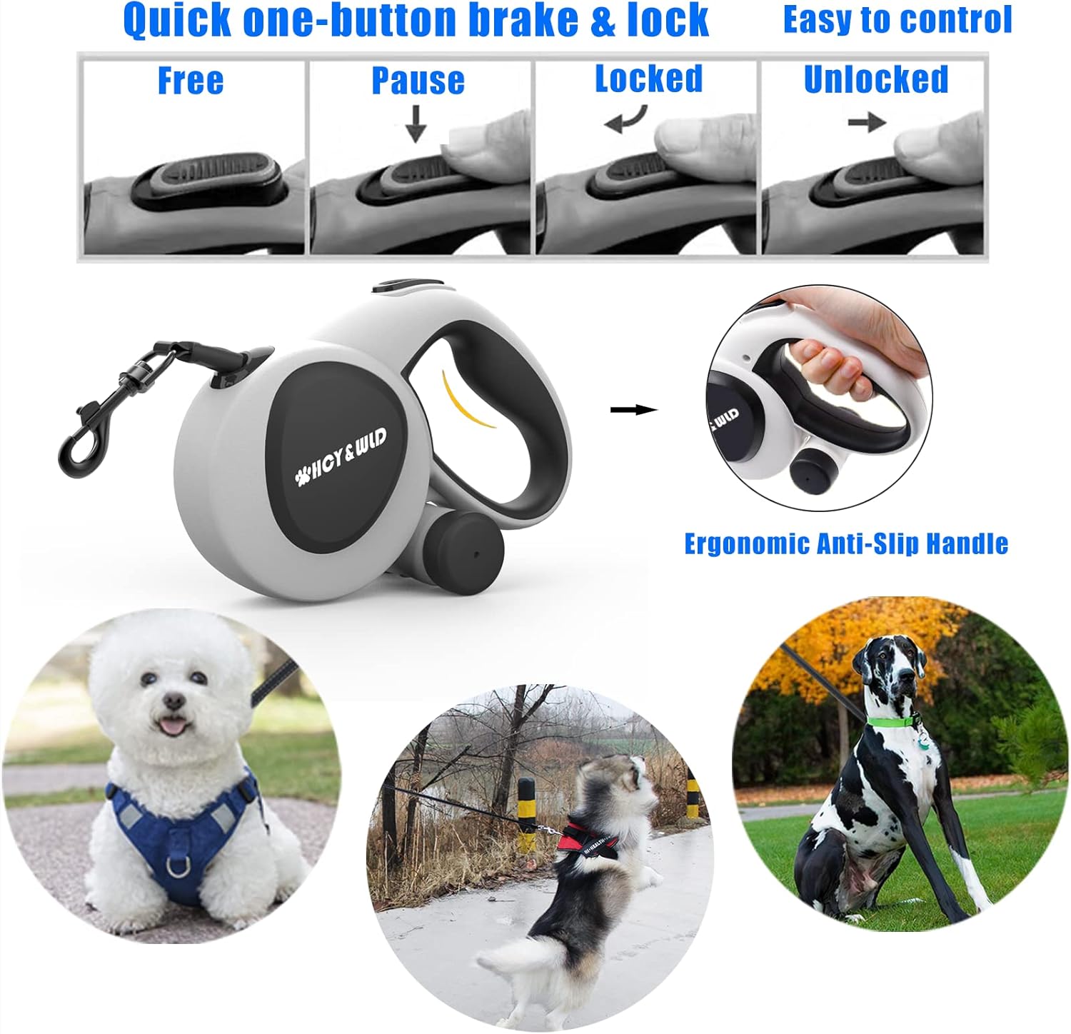 Four images demonstrating the brake and lock functions: Free, Pause, Locked, Unlocked.