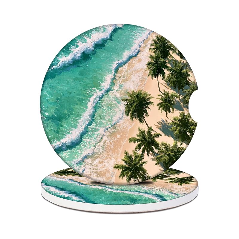 Porta-Copos Automotivo de Cerâmica com Estampa de Palmeira na Praia PUIBUN 6,5 cm, Kit com 2 Peças