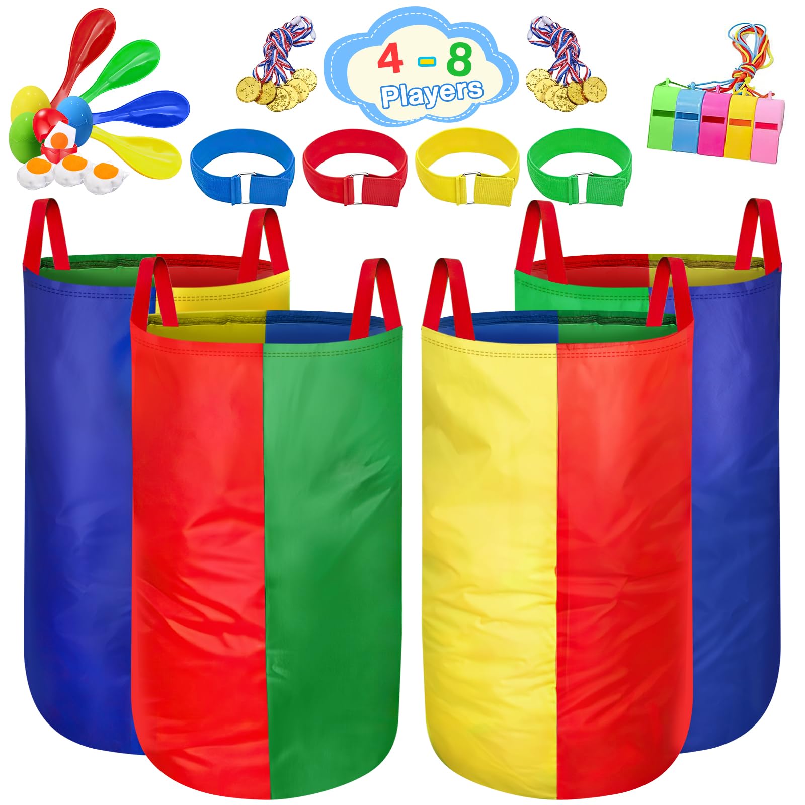Sports and Outdoors, Sports Day Kit, 4 Potato Sack Race Bags, 4 Pairs of Foot Straps, 12 Medals, 5 Whistles, Perfect for Outside Backyard Field Day Birthday Party Games