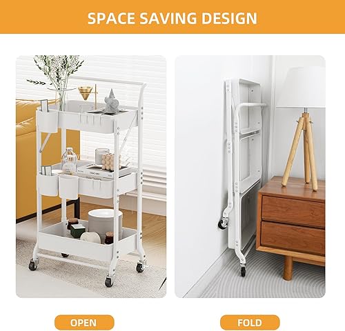 Miniatura 4 de Carrito plegable de 3 niveles con ruedas, carrito de almacenamiento plegable con 3 tazas colgantes y 6 ganchos para cocina, oficina, sala de estar,
