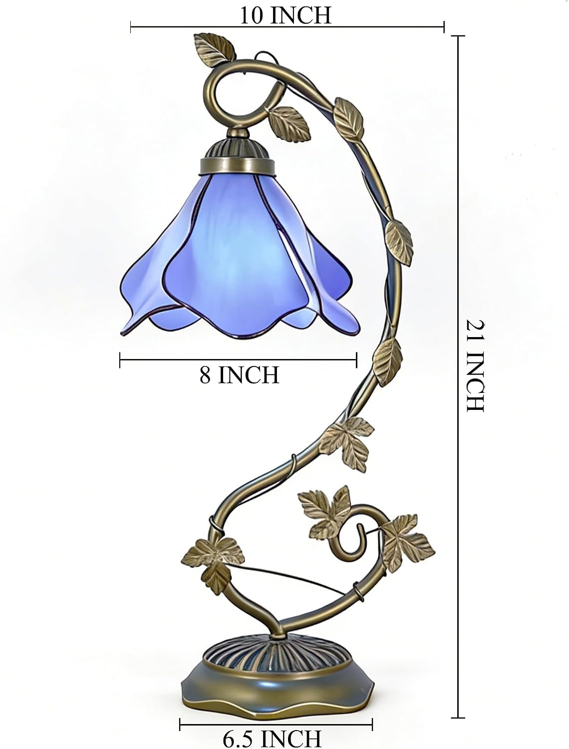 Tiffany Table Lamp Stained Glass Desk Light Morning Glory Style Bedside Accent Lamp Memory Sympathy Metal Leaf Base 8X10X21 Inches (Blue)