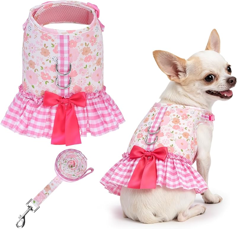 Peitoral Vestido para Cães Pequenos SCENEREAL com Estampa, Laço e Guia, 1,49 m