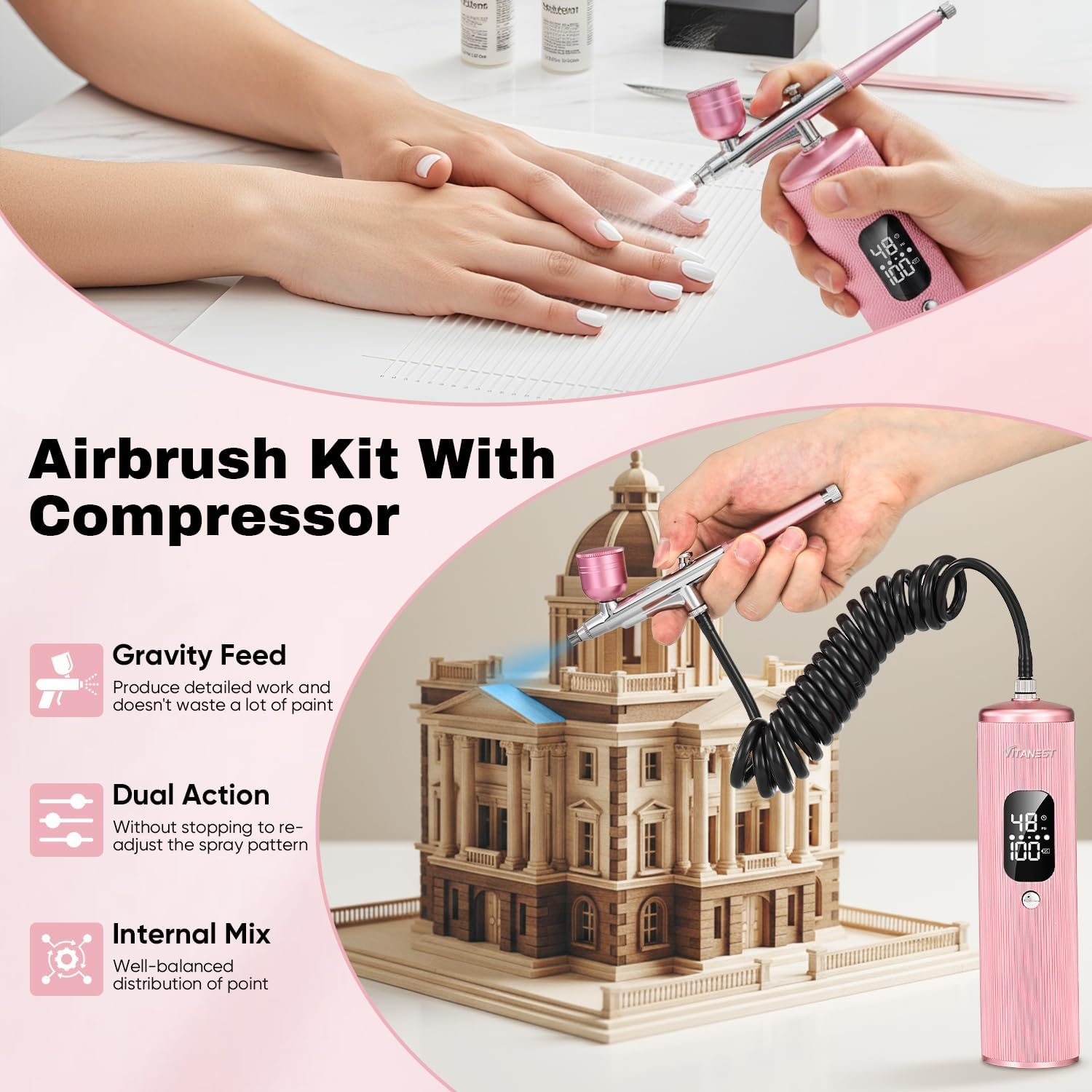 VITANEST Airbrush Kit with Compressor 48PSI Handheld Air Brush Set Rechargeable Portable Airbrush for Nail, Painting, Modeling, Makeup, Cake Decor, Cookie, Art, DIY Crafts (Pink)