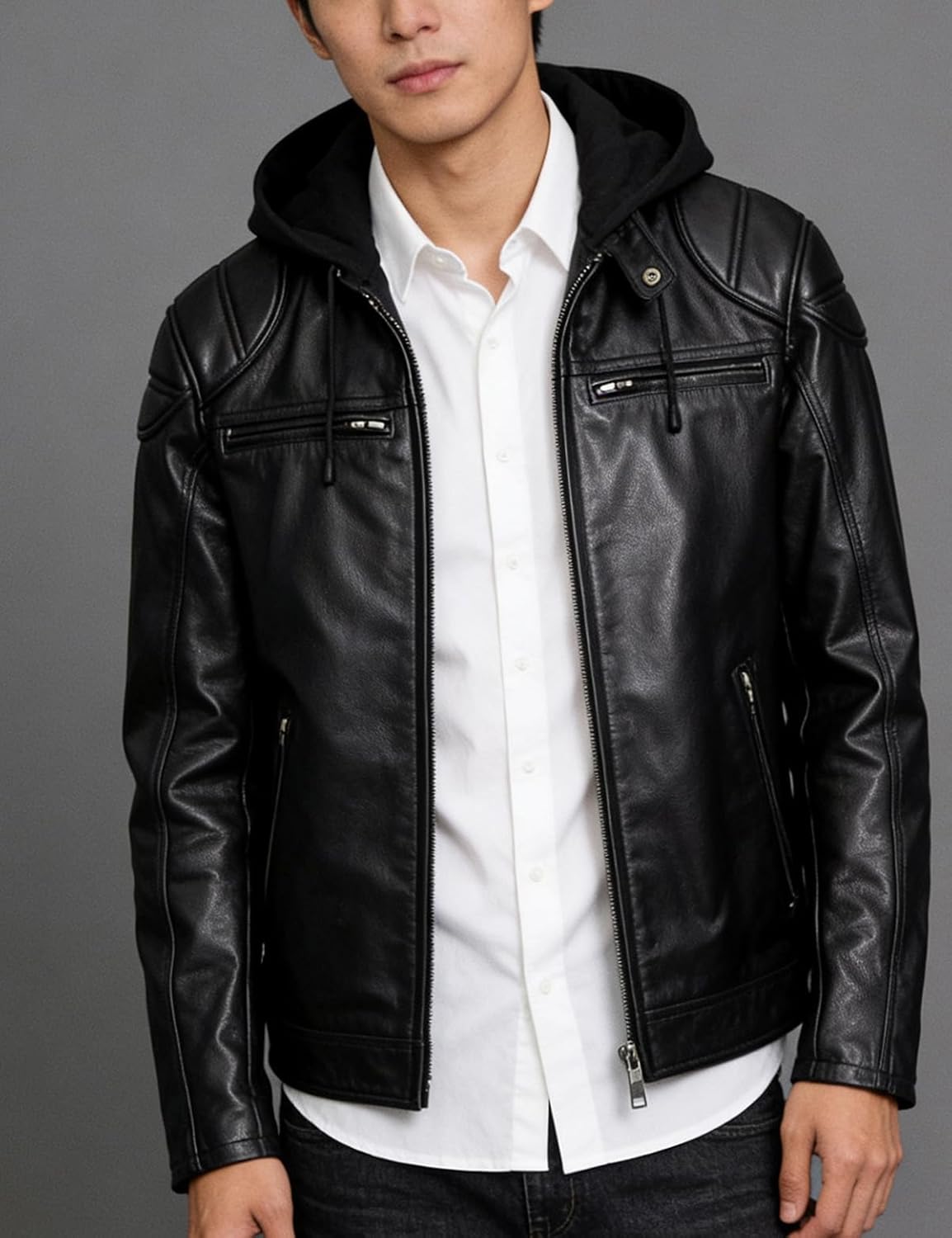 [GU.SEEMIO] 革ジャン メンズ 本革 脱着可能なフード付き ライダースジャケット 牛革 バイク用レザージャケット 防風保温