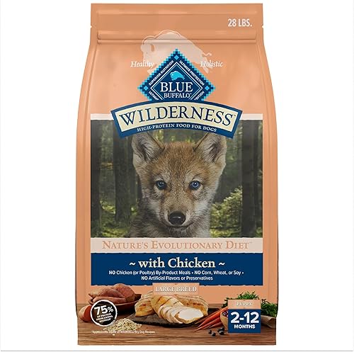 Blue Buffalo Wilderness Natural High-Protein Dry Food for Large Breed Puppies, with Wholesome Grains, Chicken, 28-lb Bag.
