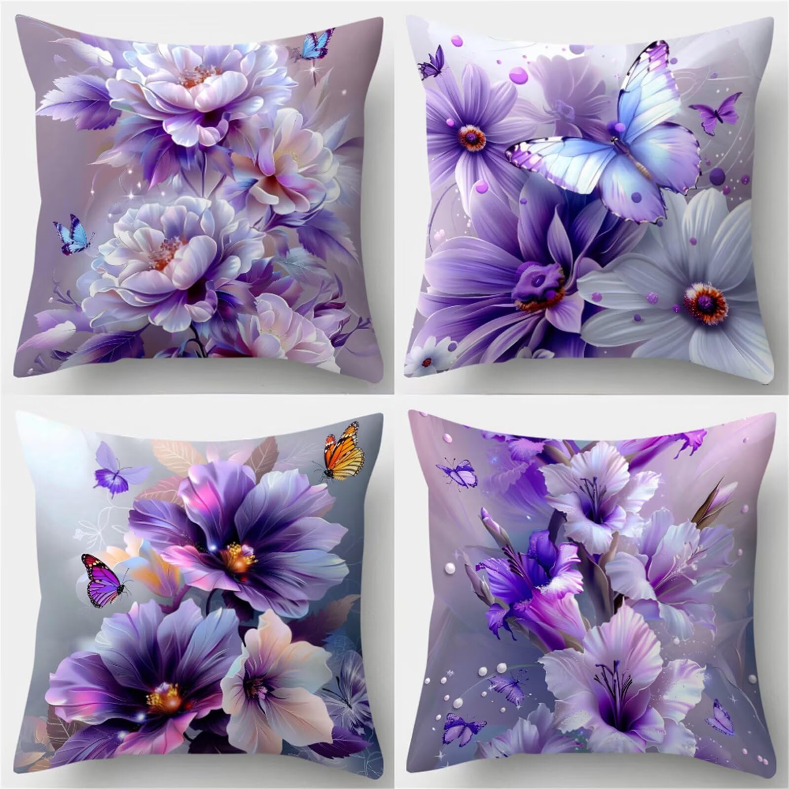 Fundas de Cojines 60x60 cm, Juego de 4 Fundas para Cojines Decorativas de Lino, Flores Mariposa Moradas, Fundas de Almohada para Sofá, Silla y Decoración de Interiores