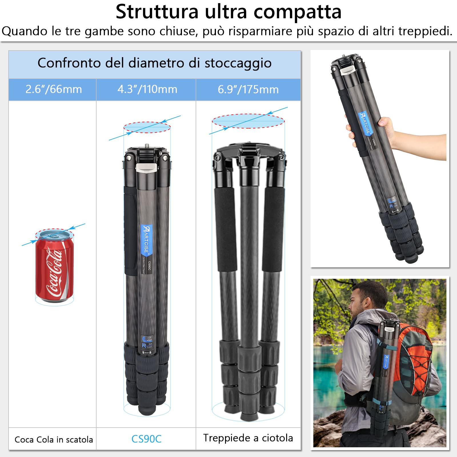 Treppiede In Fibra Di Carbonio CS90C Per Fotocamera | Carico 40kg, Compatto E Leggero | Per Viaggi E Professionisti - Foto 4