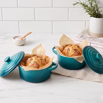 Kook Ceramic Mini Cocotte Set, Small Casserole Dishes with Lids and Handles, Individual Baking Ramekins, Oven, Microwave & Dishwasher Safe, Stoneware, 12 oz, Set of 4, (Aqua Ombre)