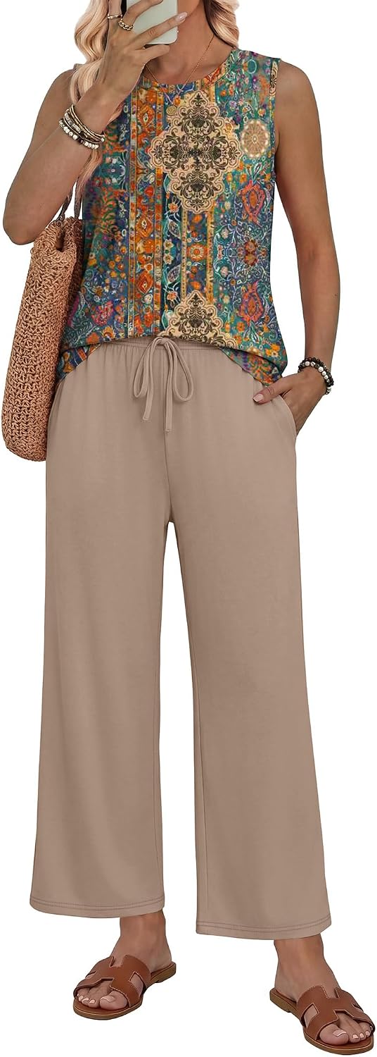 WIHOLL Two Piece Sets for Women Summer Vacation Outfits 2026 Airport Cruise Loose Sleeveless Tops Beach Fashion Clothing