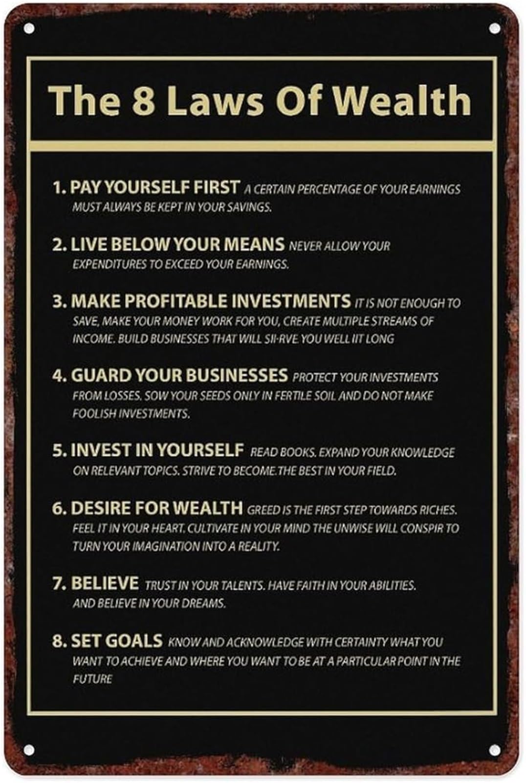 PKNVKZIDK Financial Wisdom Rules Vintage Metal Sign For Home Library Den Wall-Art Wealth Building Motivation 8 X 12 inch