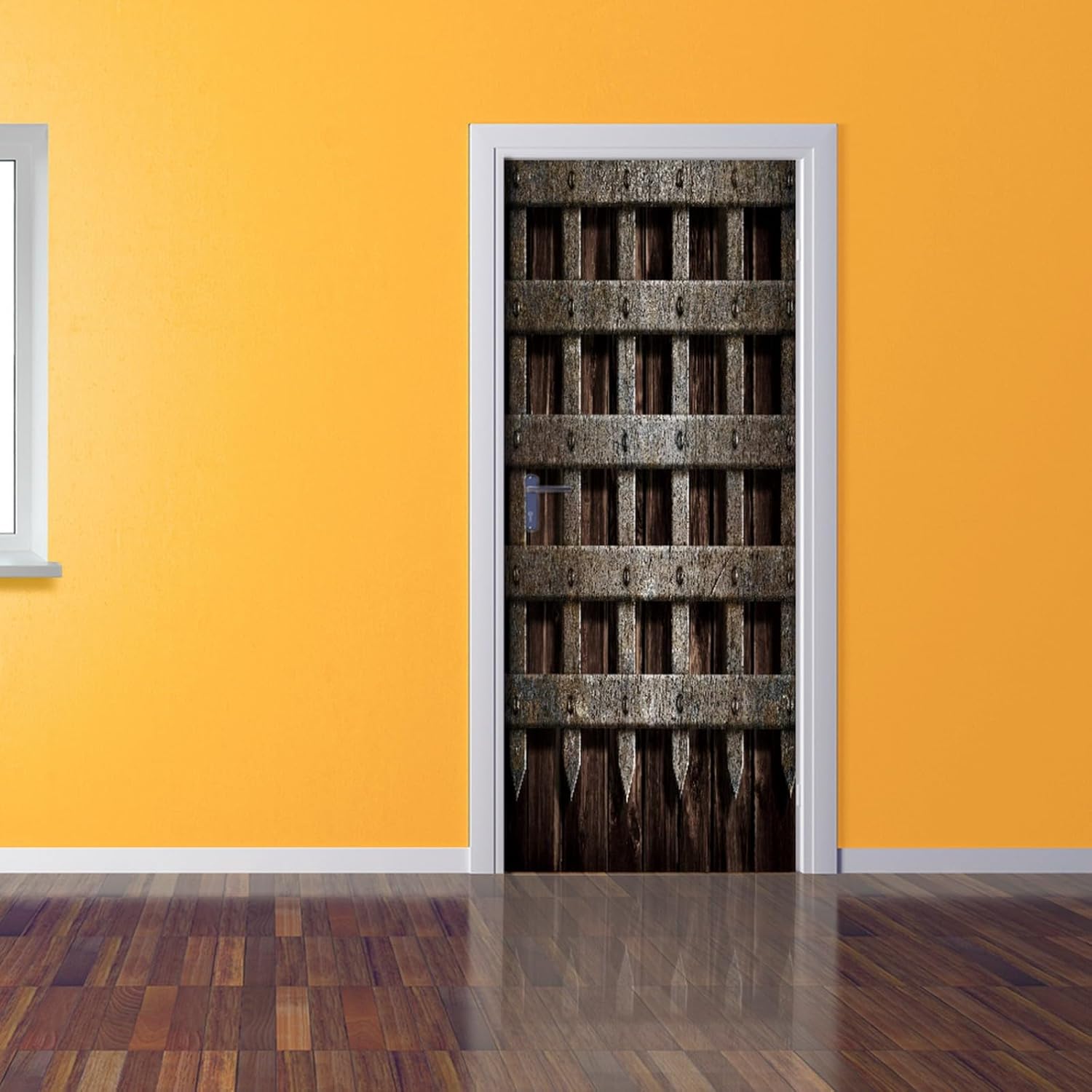 A.Monamour 3D Door Stickers for Interior Doors Medieval Castle Wall Metal Gate Background Vinyl Waterproof Self Adhesive Door Mural Decals for Bedroom Office Bathroom 95 x 215cm