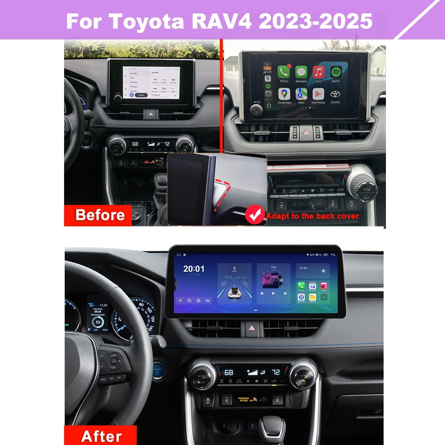 Before and after installation of the 12.3-inch Android Car Stereo in a Toyota RAV4