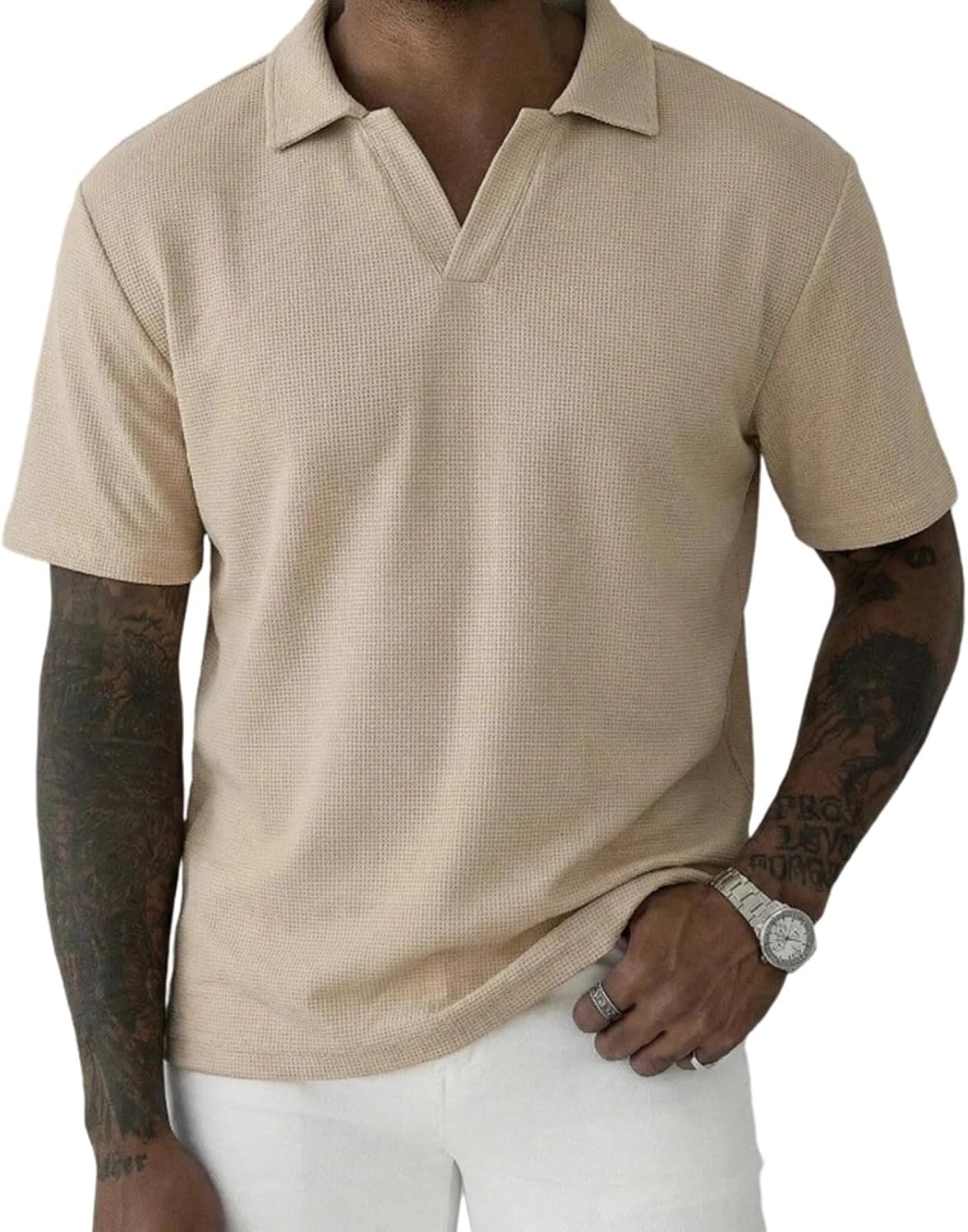 Men's Collared Golf Tops Shorts Sleeve Waffle Knit T Shirts Casual Ice Slik Tops Regular Fit Solid Color Tees