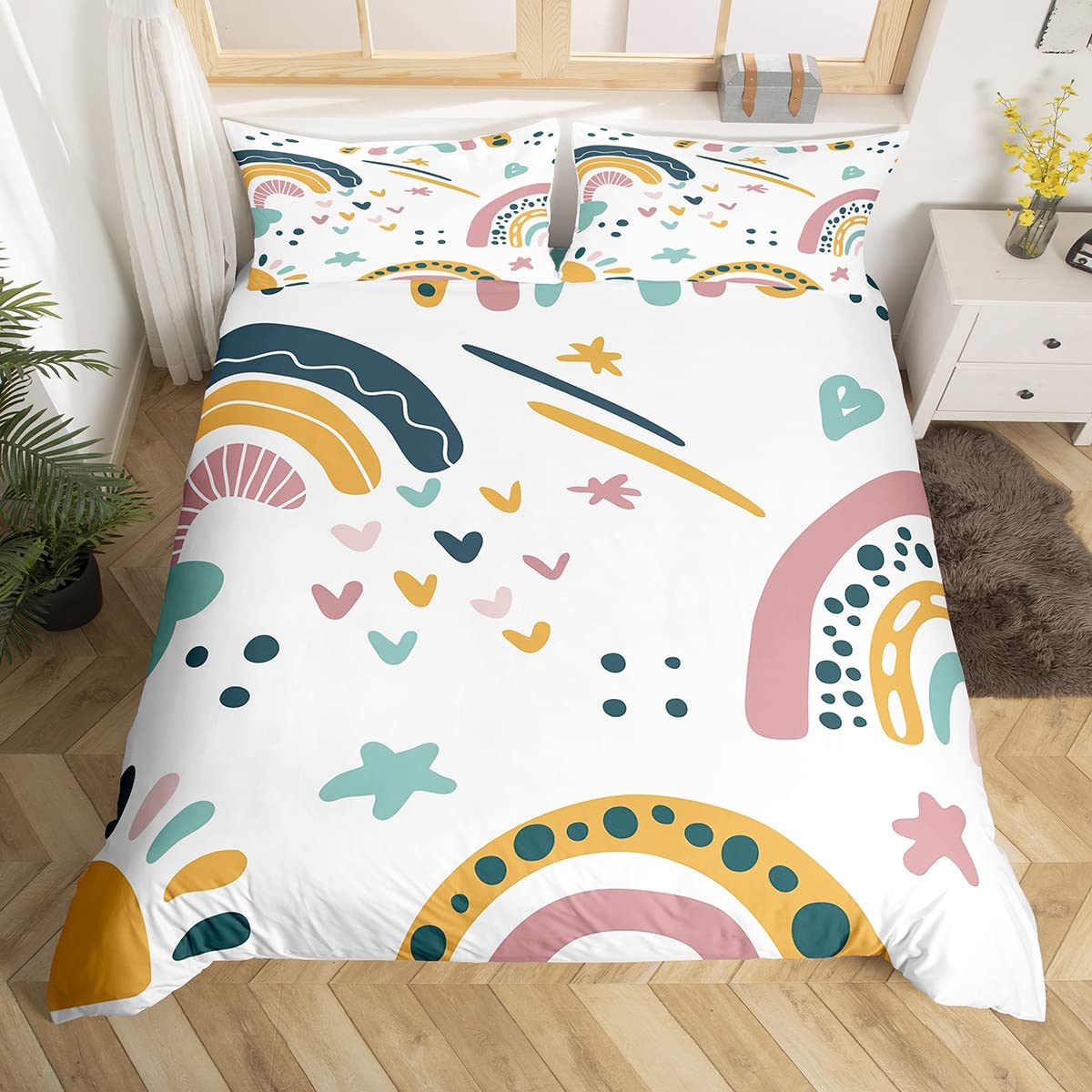 Girls Rainbow Comforter Cover Queen, Kawaii Decor Duvet Cover For Kids Boys Children Teens Bedroom Decor, Iridescent Sun Duvet Cover Hand Drawn Rainbow Bedspread Cover With Zipper Closure, Colorful